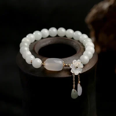 Natural Jade Bracelet with Shell Flower & 14K Gold Filled (1)