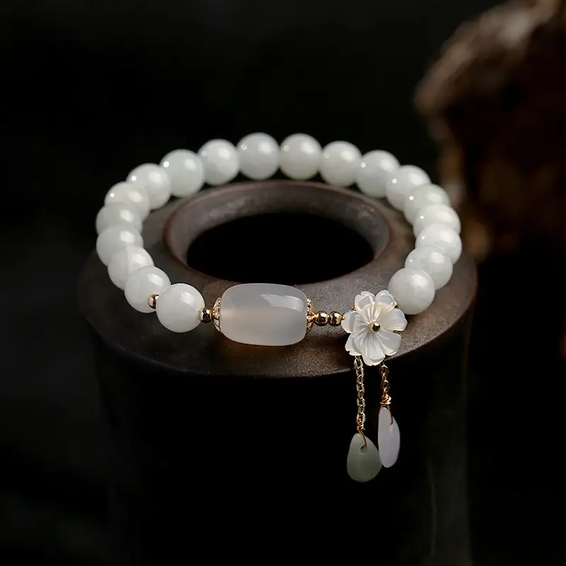 Natural Jade Bracelet with Shell Flower & 14K Gold Filled (1)
