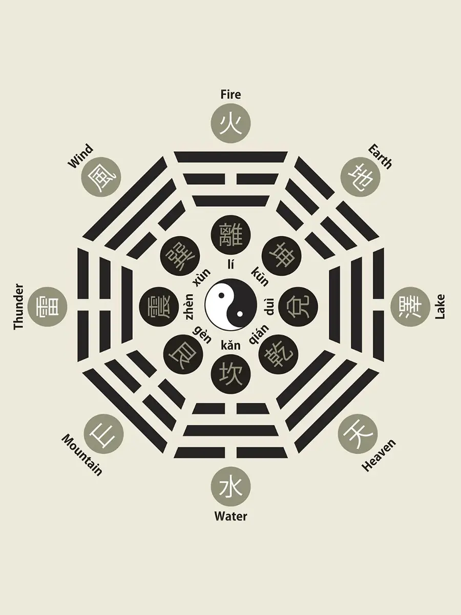 Tai chi and bagua diagram with the five elements