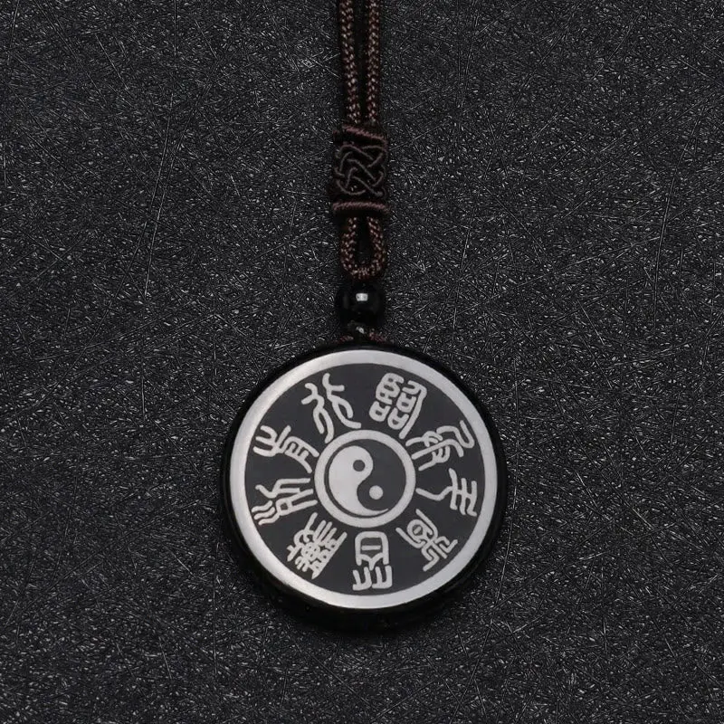 Taoist Protection Necklace Black Obsidian 5 Sacred Mountains & 9 Mantra Amulet (1)