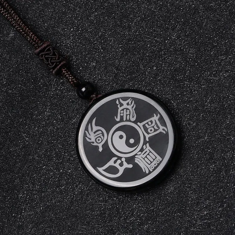 Taoist Protection Necklace Black Obsidian 5 Sacred Mountains & 9 Mantra Amulet (2)
