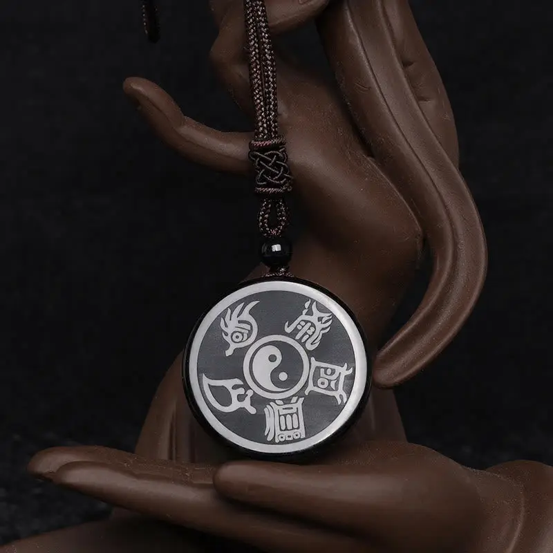 Taoist Protection Necklace Black Obsidian 5 Sacred Mountains & 9 Mantra Amulet (6)