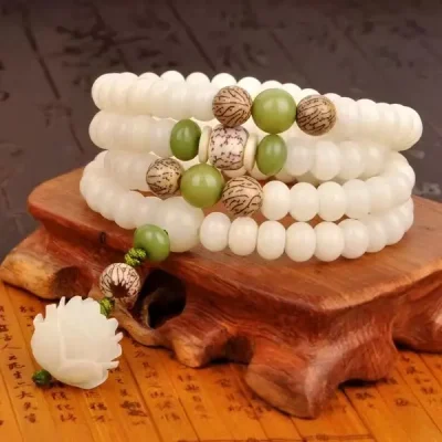 White Bodhi Root 108 Mala Lotus of Purity & Yin 6 Meditation Beads (1)