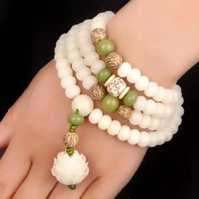White Bodhi Root 108 Mala Lotus of Purity & Yin 6 Meditation Beads (2)