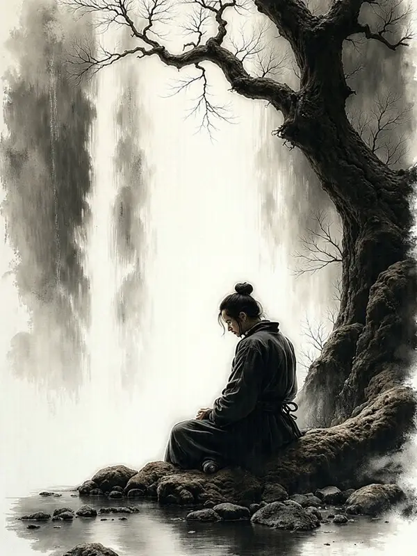 A seated figure beneath a bare tree beside moving water