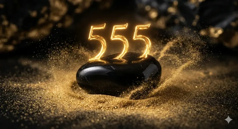 555 in glowing numerals, black and gold, for spiritual transformation.