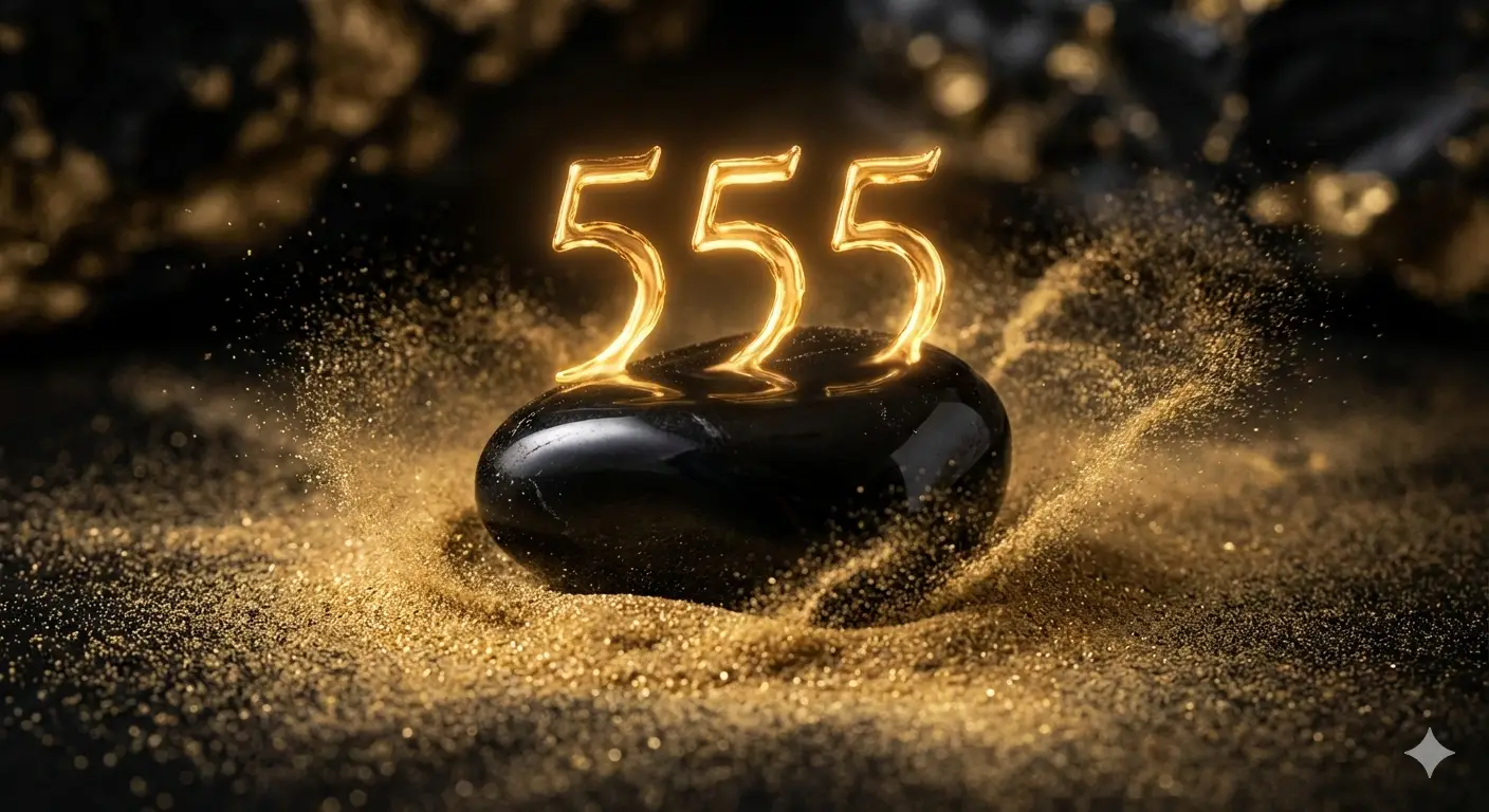 555 in glowing numerals, black and gold, for spiritual transformation.