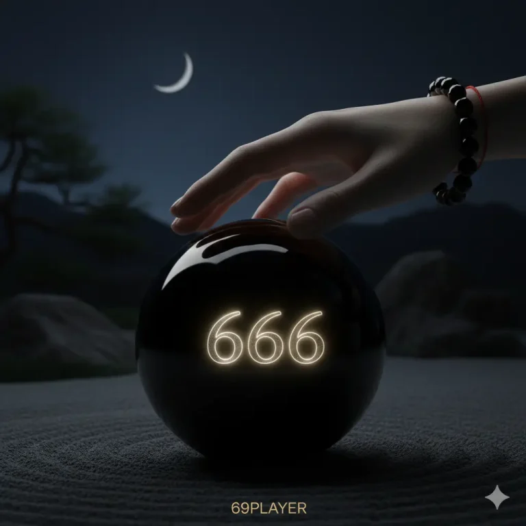 Black obsidian sphere engraved with 666 in a moonlit Zen garden.