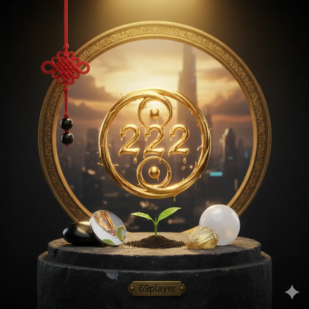 222 angel number visual in black and gold with Yin-Yang balance motifs.
