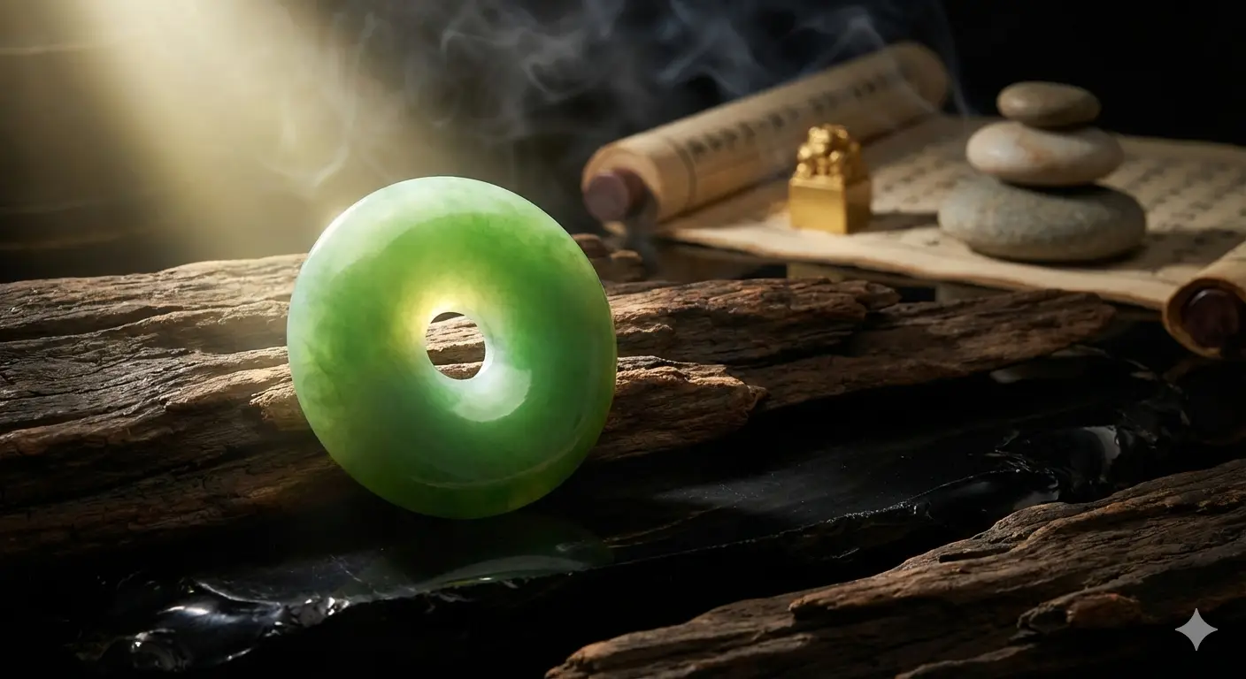 Green jade bi disc on rustic wood with a traditional display stand.