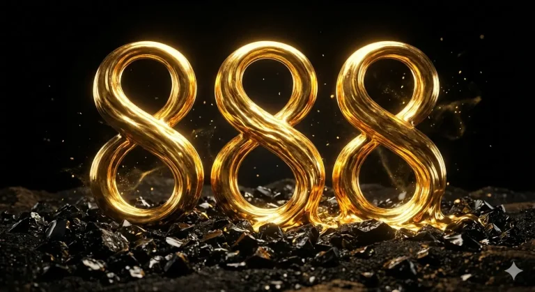 Golden 888 numerals glowing on polished black obsidian.