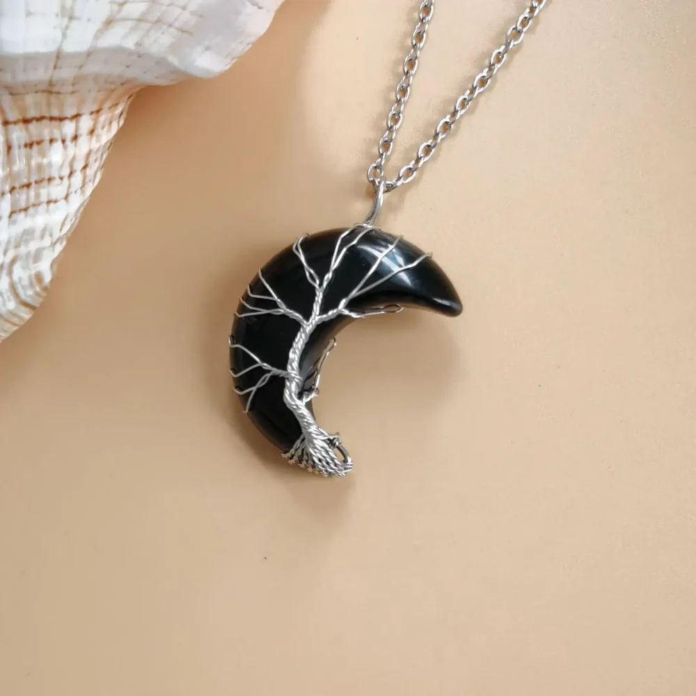 Tree of Life Crescent Moon Necklace Black Obsidian