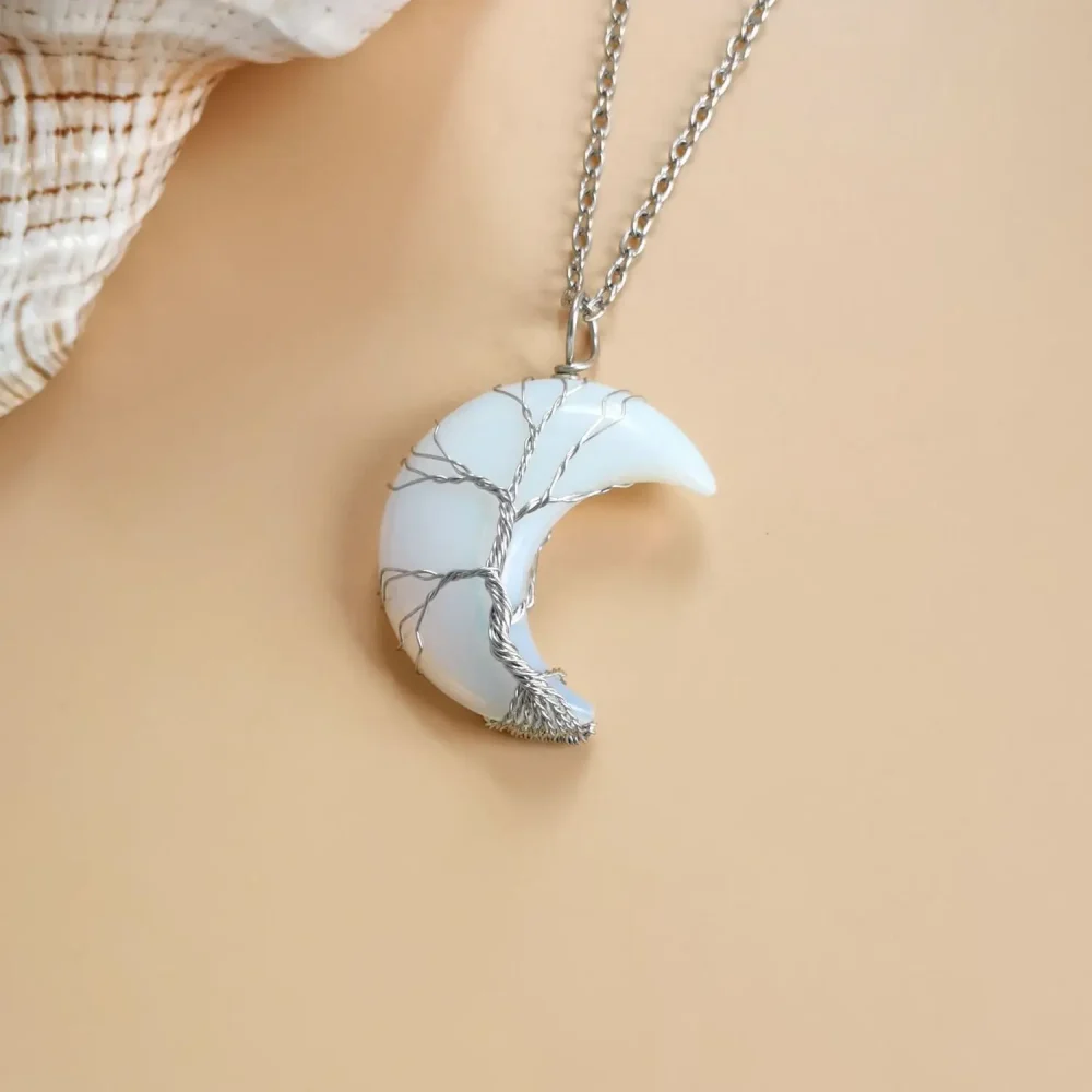 Tree of Life Crescent Moon Necklace Clear Quartz Opalite