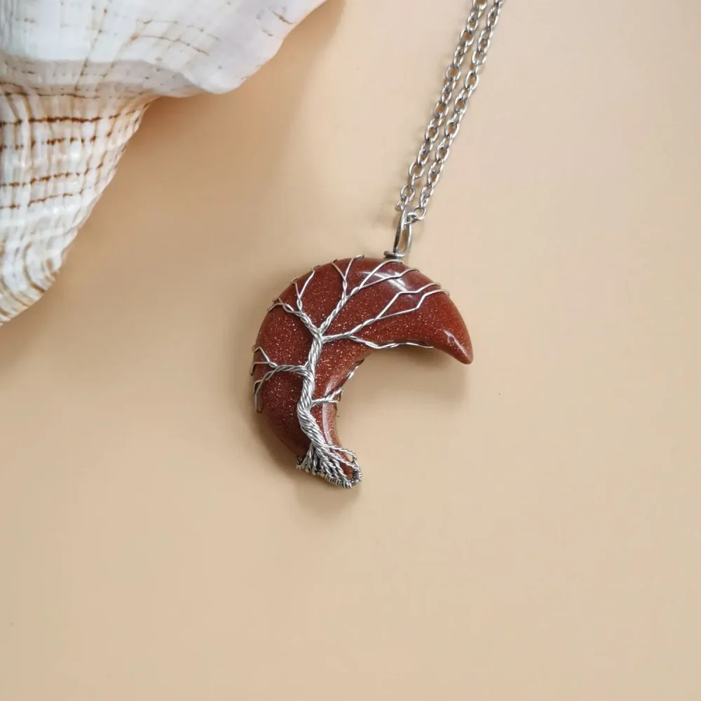 Tree of Life Crescent Moon Necklace Gold Sand Stone