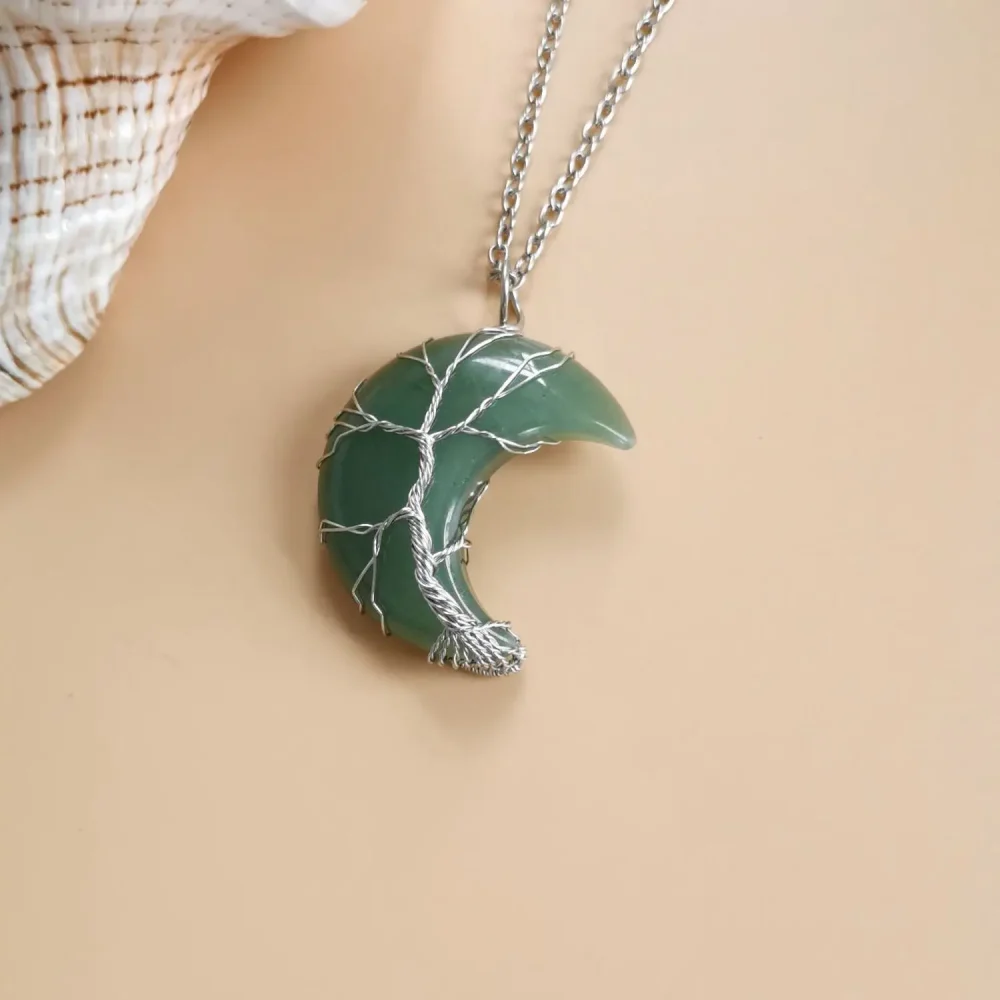 Tree of Life Crescent Moon Necklace Green Aventurine