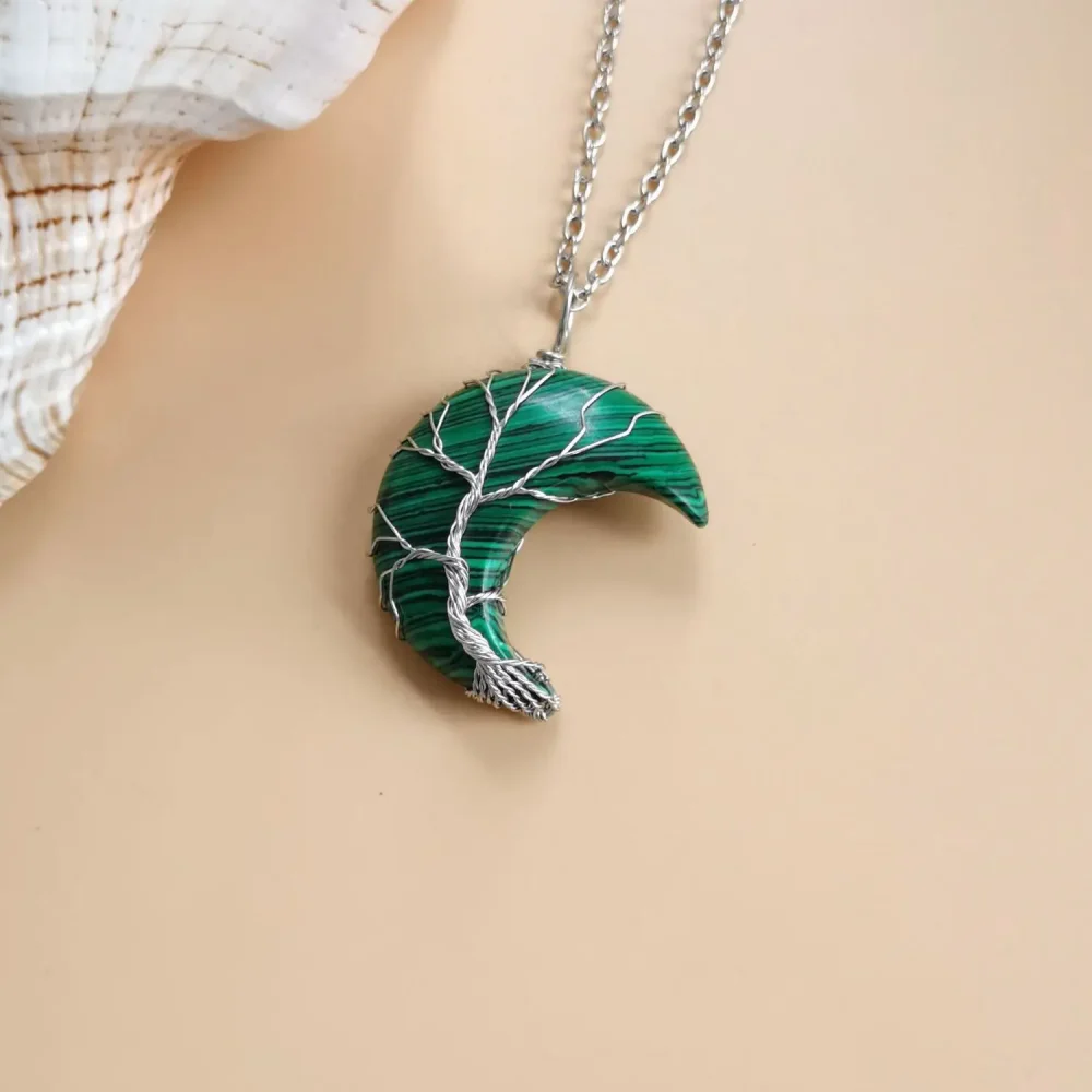 Tree of Life Crescent Moon Necklace Malachite