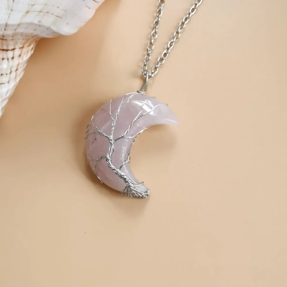 Tree of Life Crescent Moon Necklace Rose Quartz