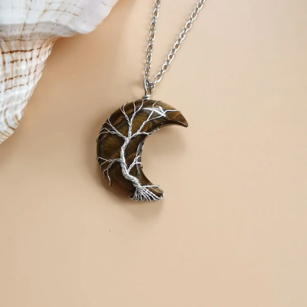 Tree of Life Crescent Moon Necklace Tiger’s Eye