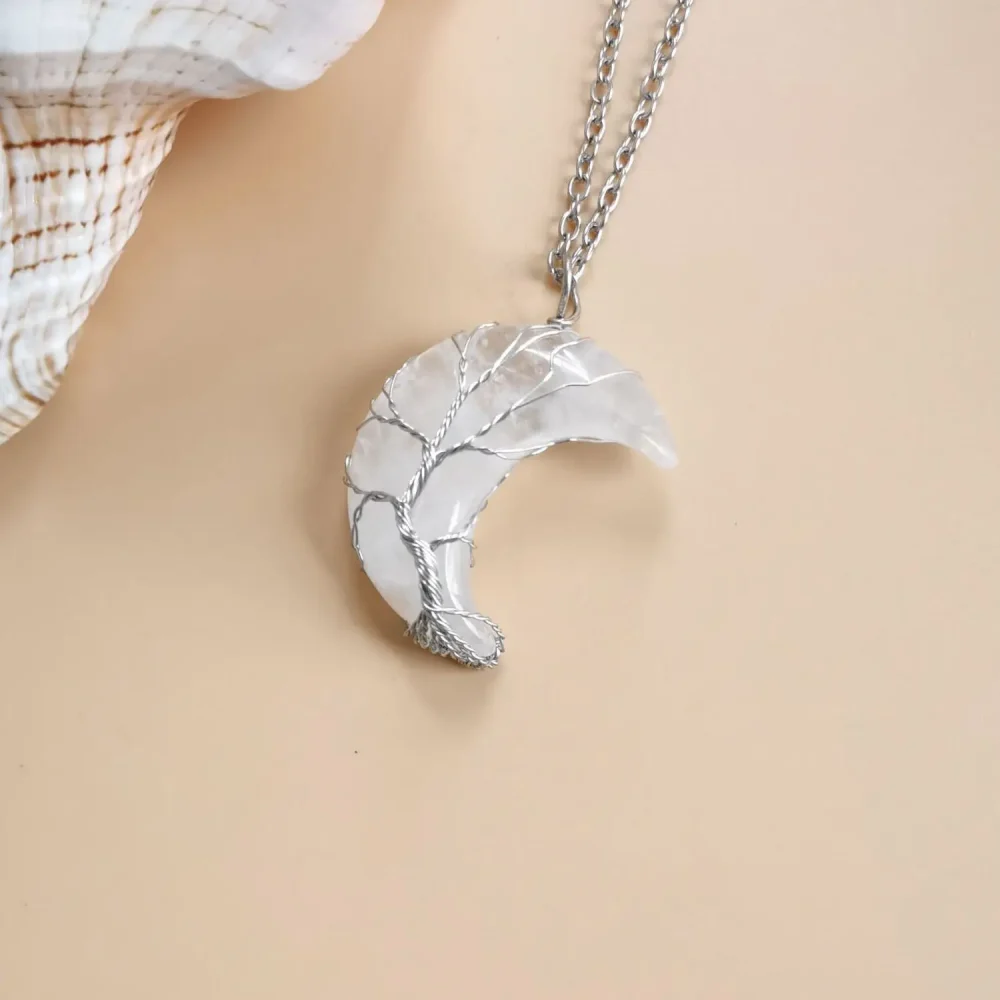 Tree of Life Crescent Moon Necklace White Crystal