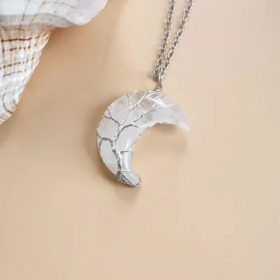 Tree of Life Crescent Moon Necklace White Crystal