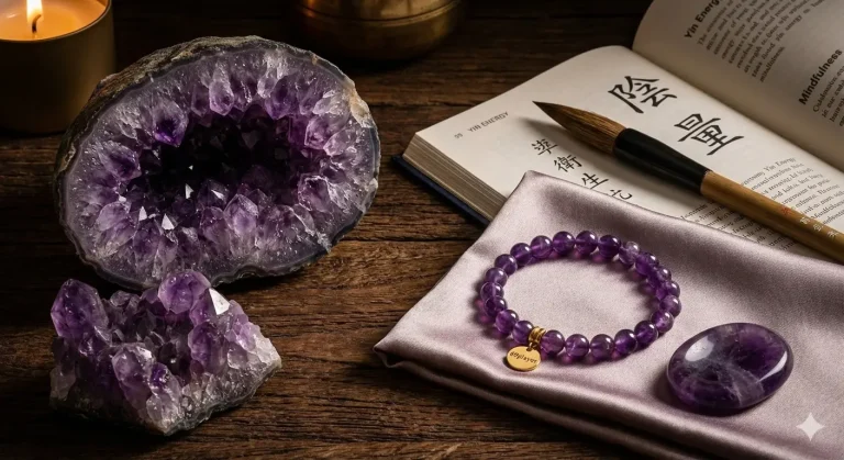 Raw amethyst geode with a polished amethyst bracelet.