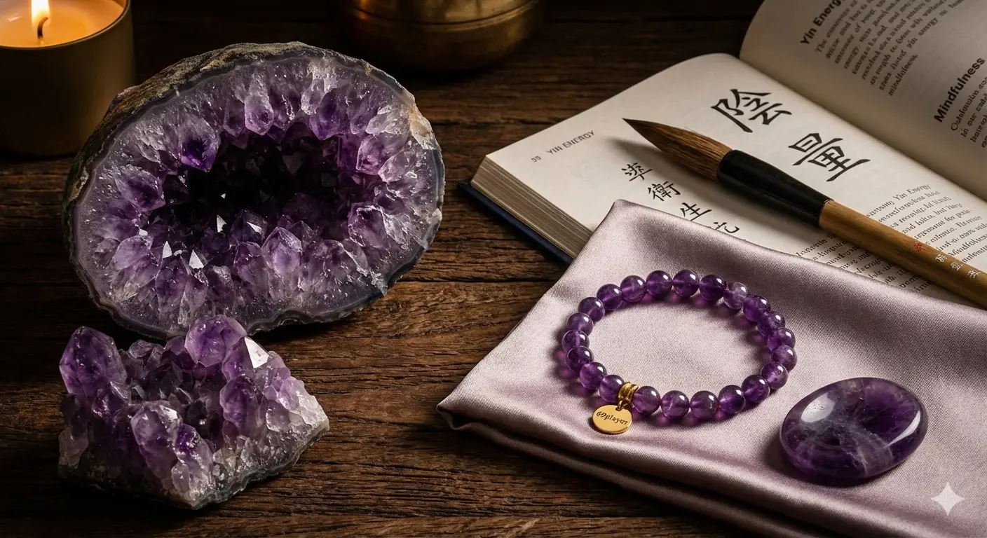 Raw amethyst geode with a polished amethyst bracelet.