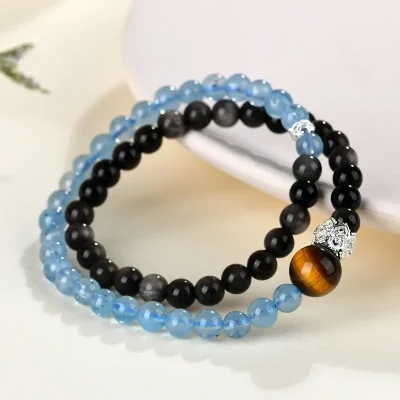 Aquamarine Tiger's Eye Bracelet with Silver Sheen Obsidian - 69player Double-Wrap Balance Amulet