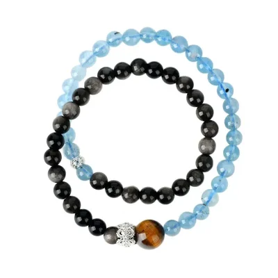 Aquamarine Tiger's Eye Bracelet with Silver Sheen Obsidian - 69player Double-Wrap Balance Amulet