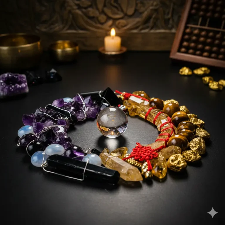 Amethyst, black obsidian and tiger's eye crystals arranged in a circle.