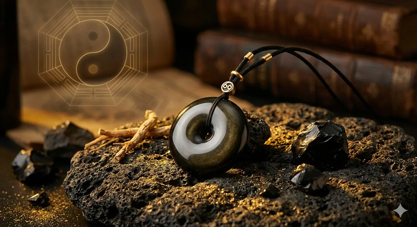 Golden sheen black obsidian pendant resting on volcanic rock.