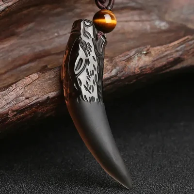 Black Obsidian Wolf Tooth Necklace - Natural Ice Crystal for Grounding & Protection