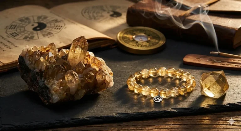 Raw citrine cluster next to a polished citrine bracelet.
