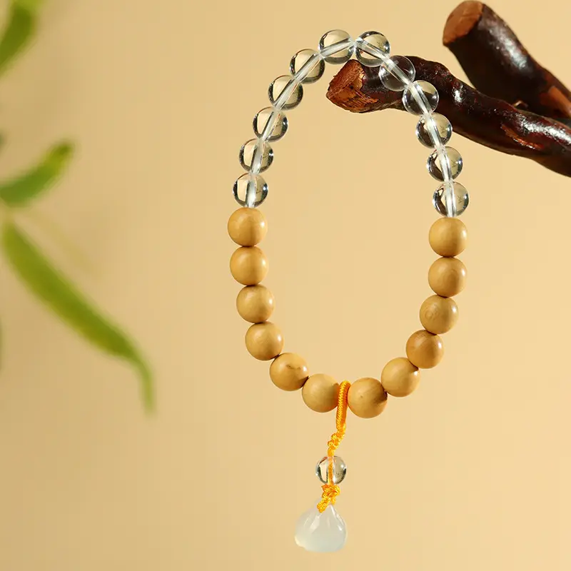 Five Elements Bracelet Metal SKU featuring natural Boxwood beads and White Crystal for clarity and energy balance.