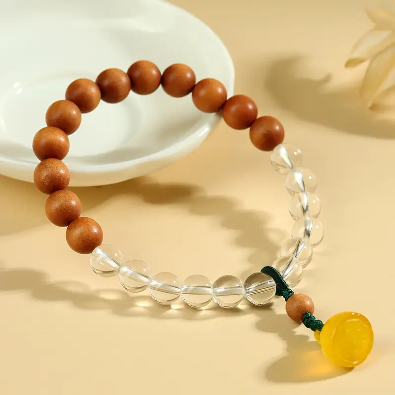 Five Elements Bracelet Wood SKU handcrafted with Old Mountain Sandalwood and White Quartz crystal beads for growth and vitality.