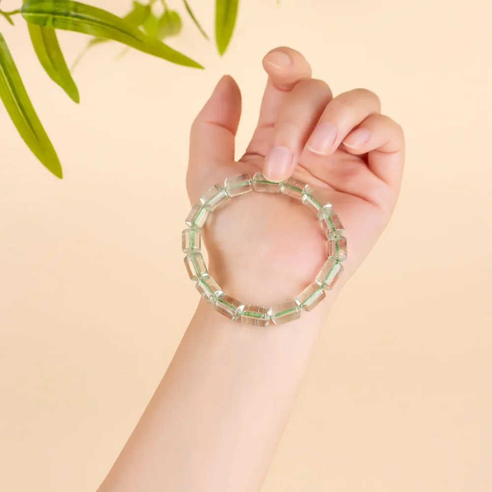Green Crystal Bracelet with Natural Barrel Beads - 69player Wood Element Vitality & Prosperity Amulet