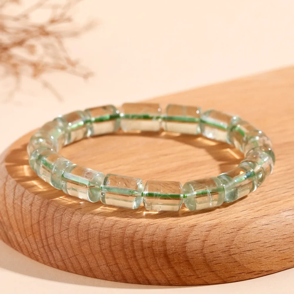 Green Crystal Bracelet with Natural Barrel Beads - 69player Wood Element Vitality & Prosperity Amulet