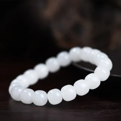 Hetian Jade Bracelet — Natural White Nephrite Barrel Bead Artisan Piece