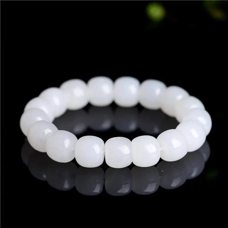 Hetian Jade Bracelet — Natural White Nephrite Barrel Bead Artisan Piece