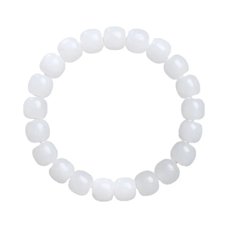 Hetian Jade Bracelet — Natural White Nephrite Barrel Bead Artisan Piece
