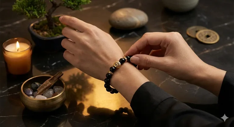 Black obsidian Feng Shui bracelet with gold charms worn on the wrist.