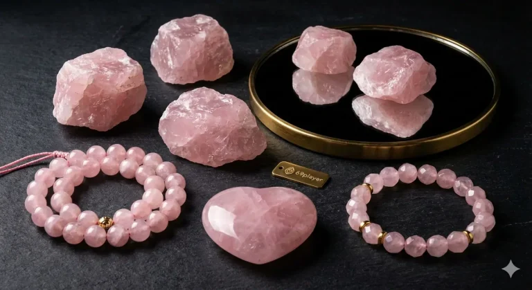 Raw rose quartz and polished bracelets with a gold 69player tag on black stone.