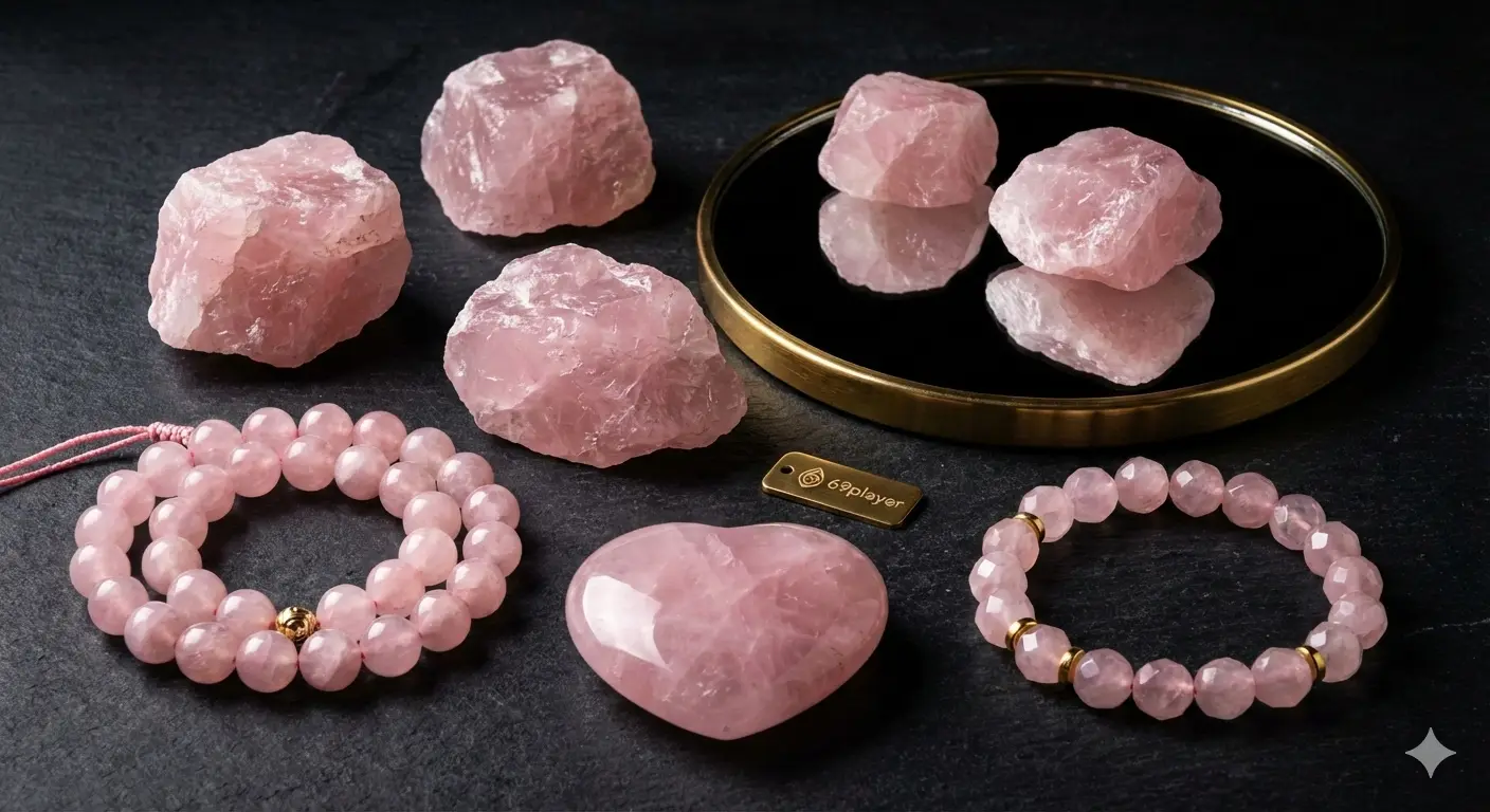 Raw rose quartz and polished bracelets with a gold 69player tag on black stone.