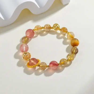 Taurus Zodiac Crystal Bracelet | Gold Rutilated Quartz & Strawberry Quartz for Manifestation