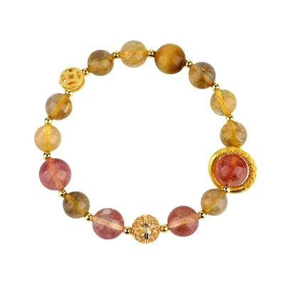 Taurus Zodiac Crystal Bracelet | Gold Rutilated Quartz & Strawberry Quartz for Manifestation