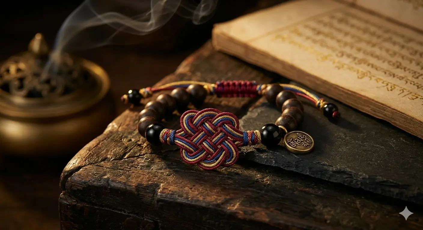 Tibetan Buddhist bracelet with a colorful reincarnation knot and a brass mantra charm.