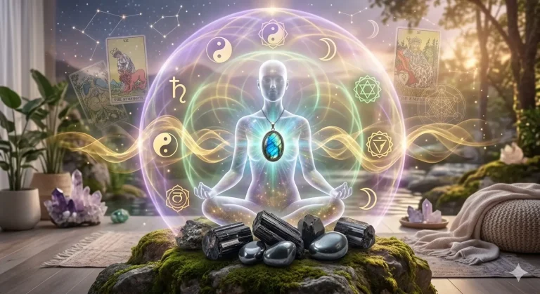 A meditating figure inside a glowing aura bubble, black tourmaline at their feet.