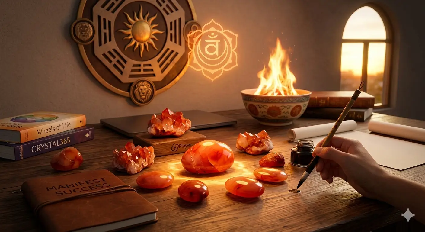 Carnelian crystal beside a calligraphy brush and a fire bowl on a wooden desk.