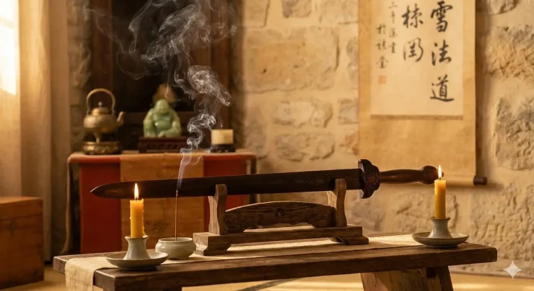 Feng Shui peach wood sword used as a Taoist talisman for home protection and energy cleansing