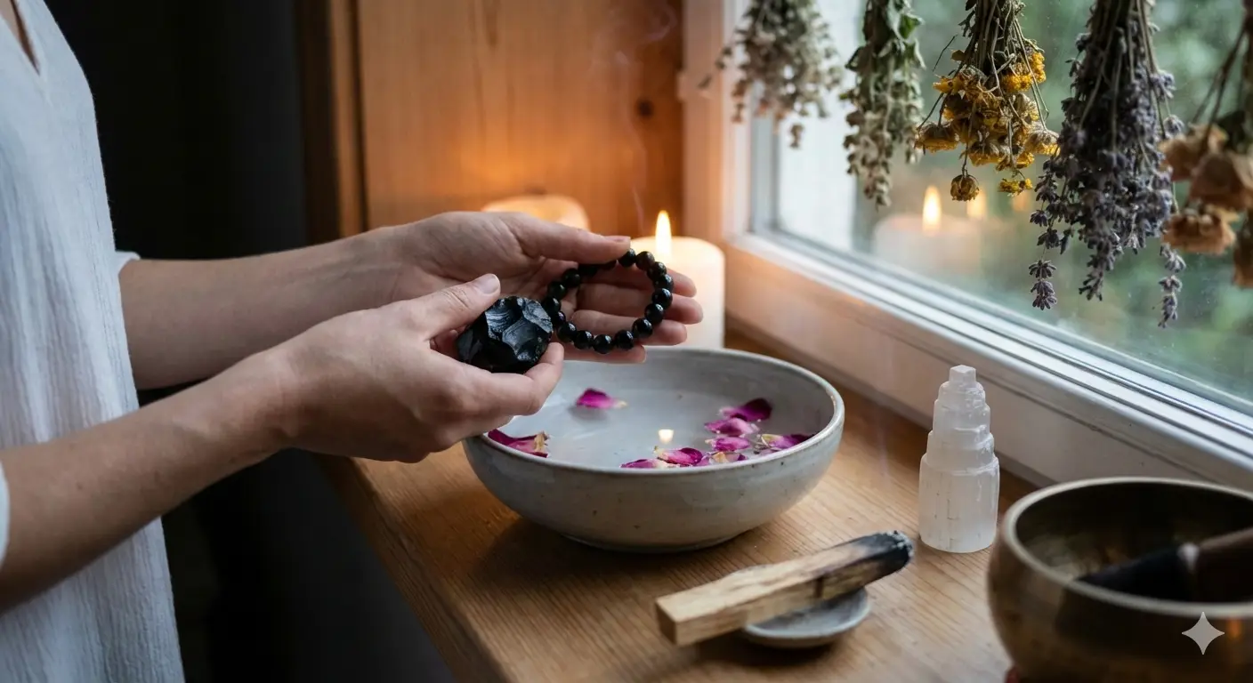 Bowl of water with rose petals used to cleanse a black obsidian pendant.