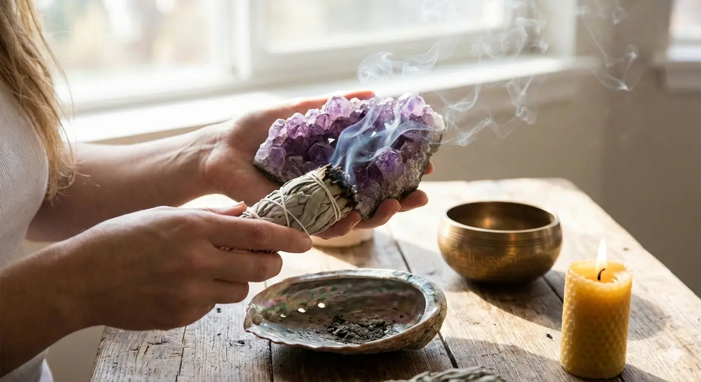 Passing an amethyst through white sage smoke over an abalone shell.